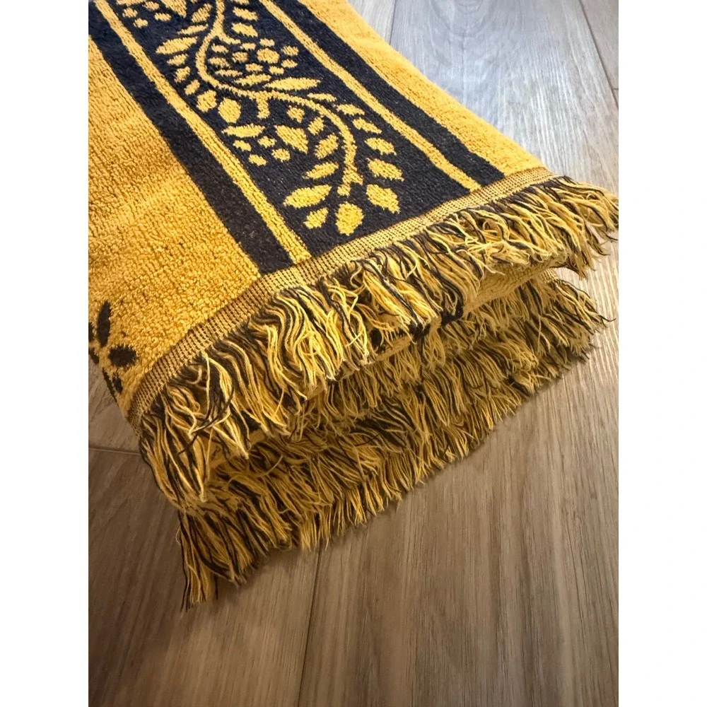 Vintage Martex Bath Towel Yellow Navy Blue Floral Reversible Fringe 100% Cotton